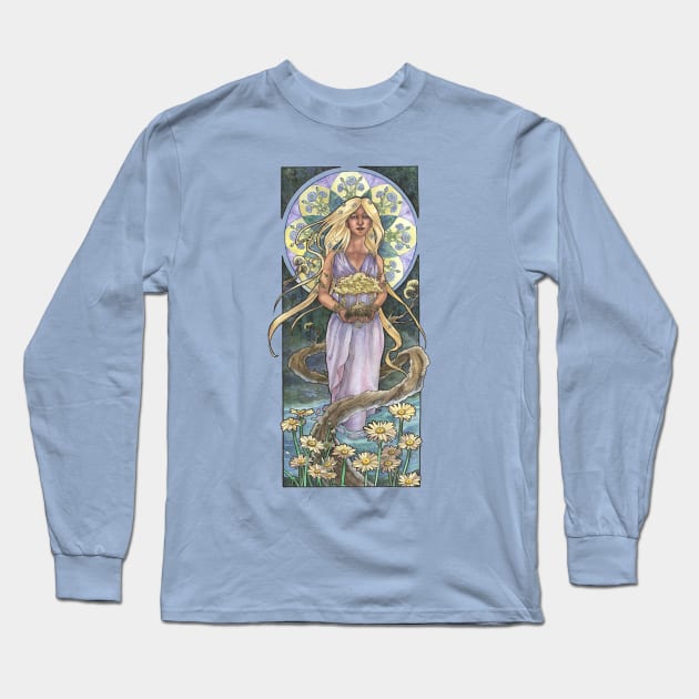 Lady of April with Bonsai and Daisies Mucha Inspired Birthstone Series Long Sleeve T-Shirt by angelasasser